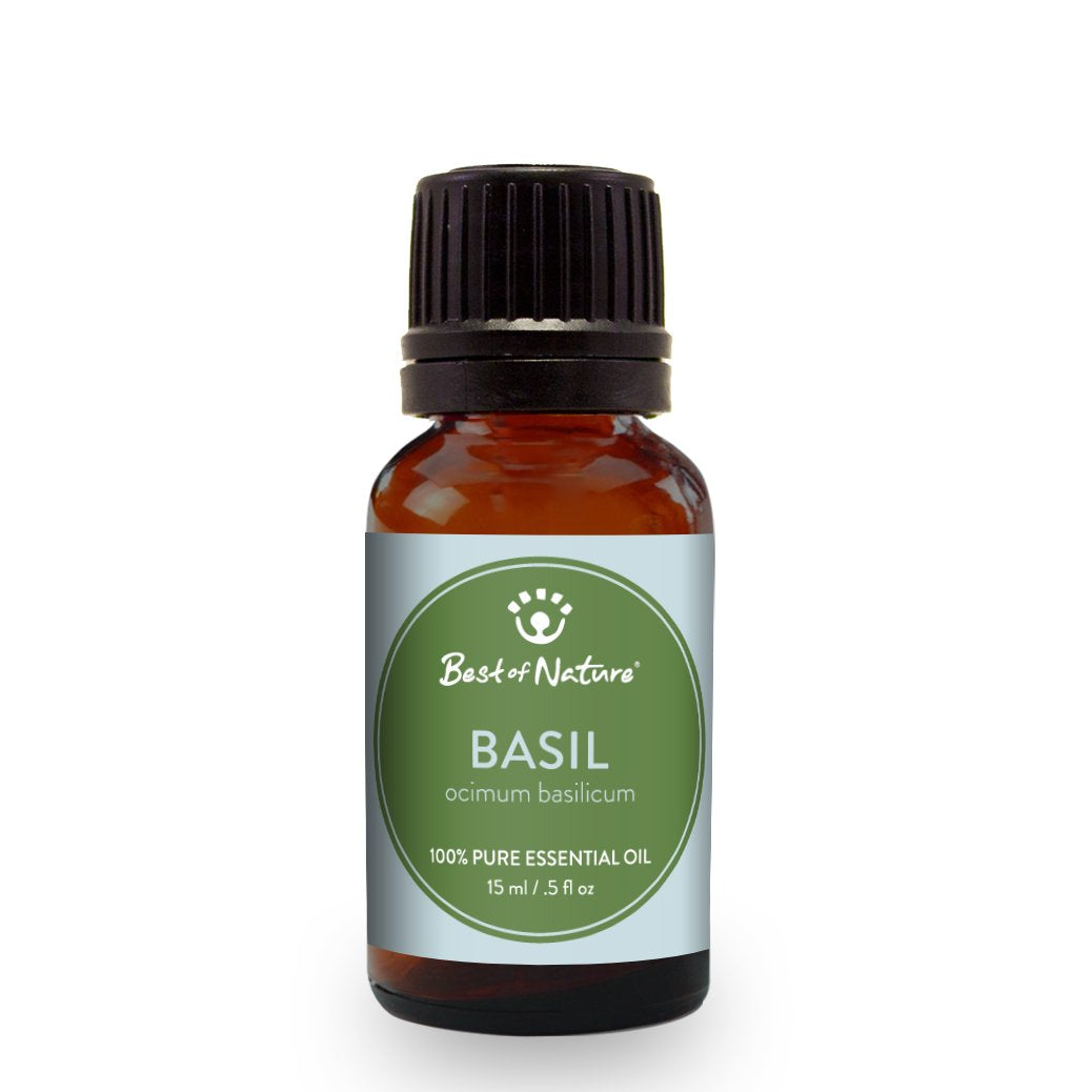 A bottle of 100% pure Basil Essential Oil with fresh basil leaves in the background, showcasing its natural essence.