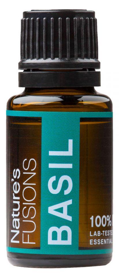 15ml bottle of Basil Pure Essential Oil with a green label, showcasing the aromatic herb's essence.