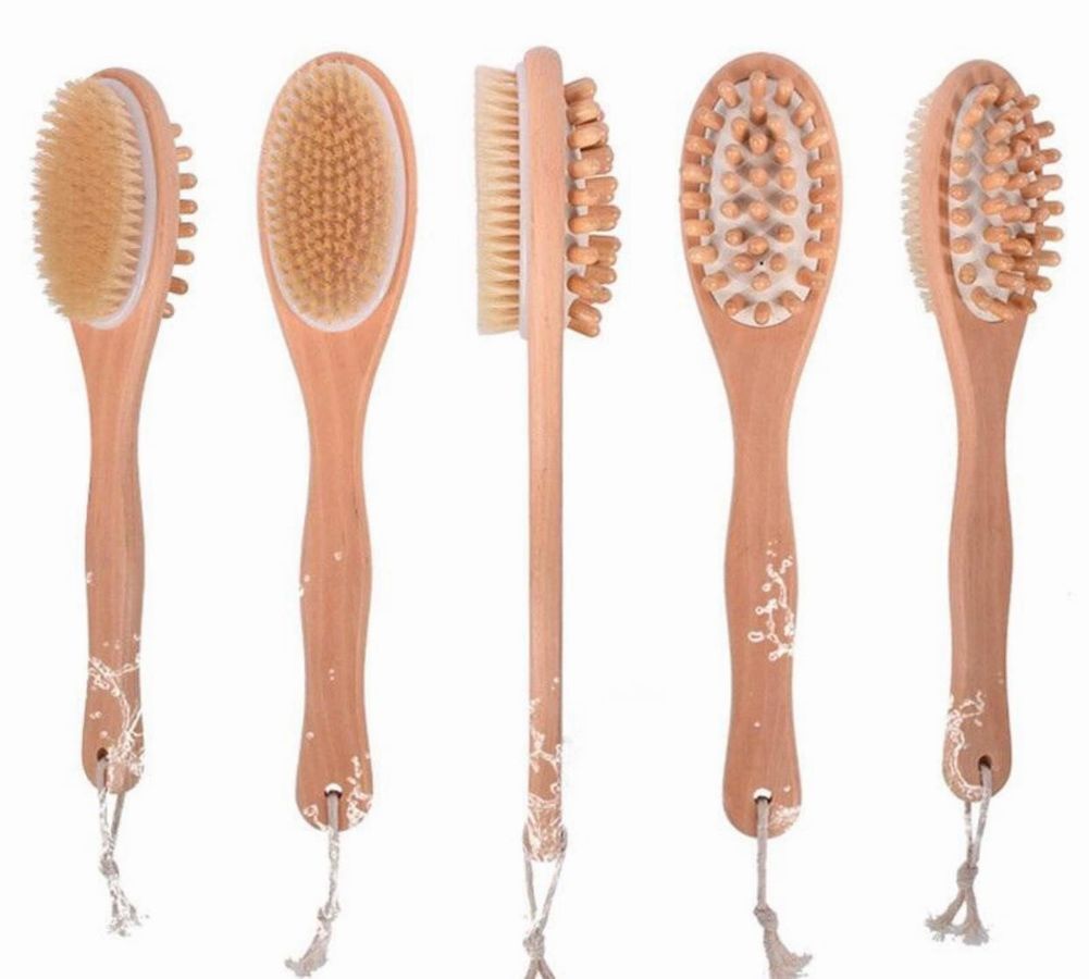 Eco-friendly Bath & Body Massage Brush with a long wooden handle and boar bristles, perfect for dry brushing and massages.