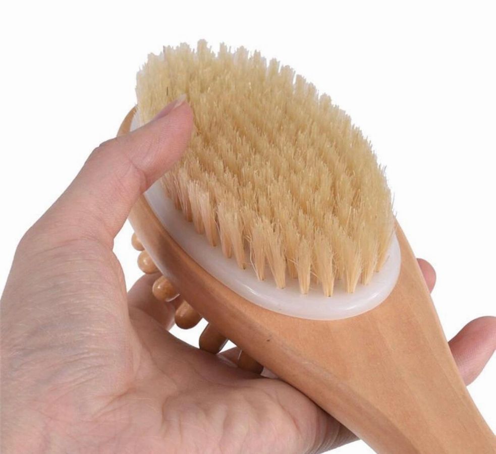 Eco-friendly Bath & Body Massage Brush with a long wooden handle and boar bristles, perfect for dry brushing and massages.