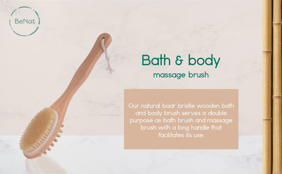 Eco-friendly Bath & Body Massage Brush with a long wooden handle and boar bristles, perfect for dry brushing and massages.