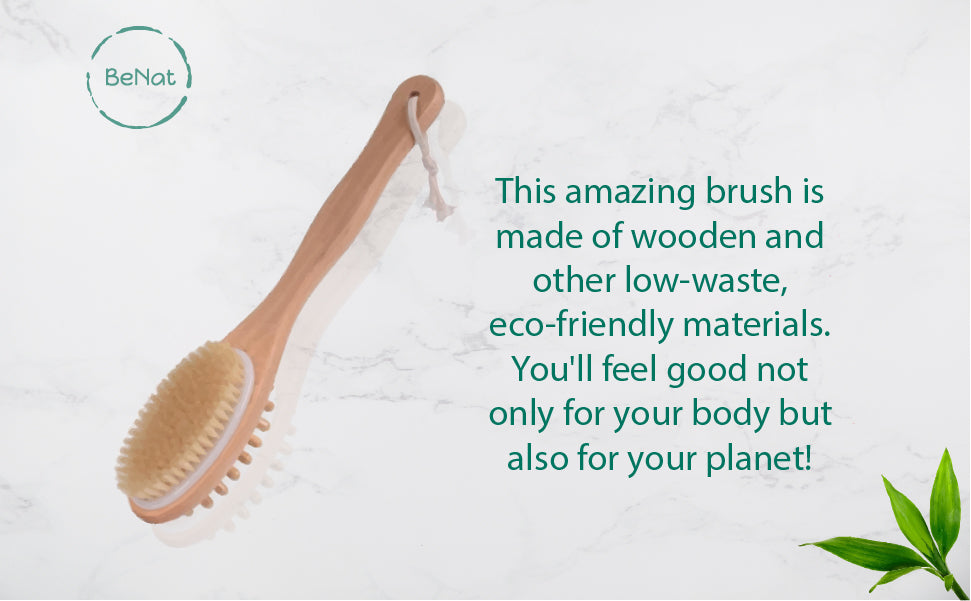 Eco-friendly Bath & Body Massage Brush with a long wooden handle and boar bristles, perfect for dry brushing and massages.