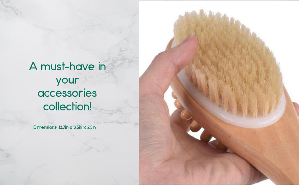 Eco-friendly Bath & Body Massage Brush with a long wooden handle and boar bristles, perfect for dry brushing and massages.