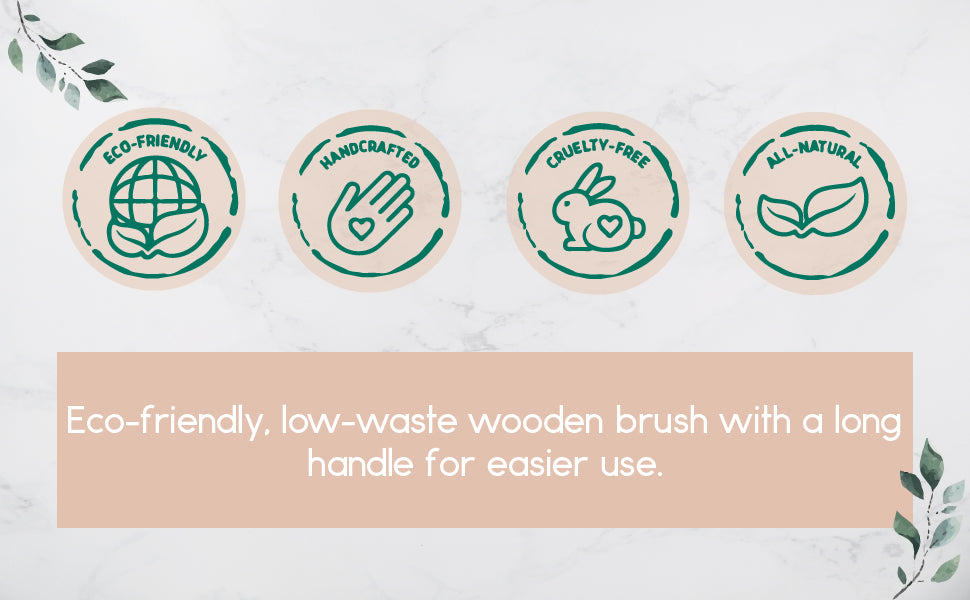 Eco-friendly Bath & Body Massage Brush with a long wooden handle and boar bristles, perfect for dry brushing and massages.