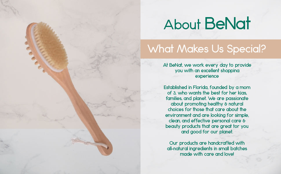 Eco-friendly Bath & Body Massage Brush with a long wooden handle and boar bristles, perfect for dry brushing and massages.