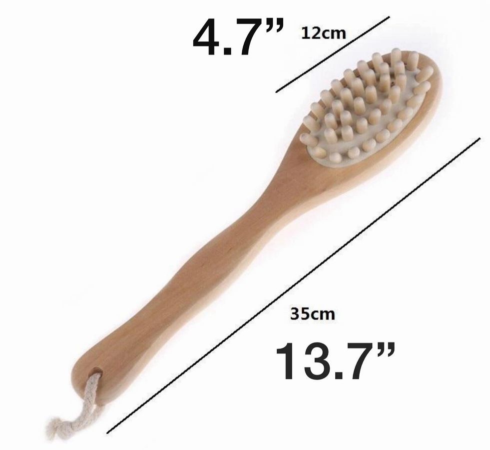 Eco-friendly Bath & Body Massage Brush with a long wooden handle and boar bristles, perfect for dry brushing and massages.