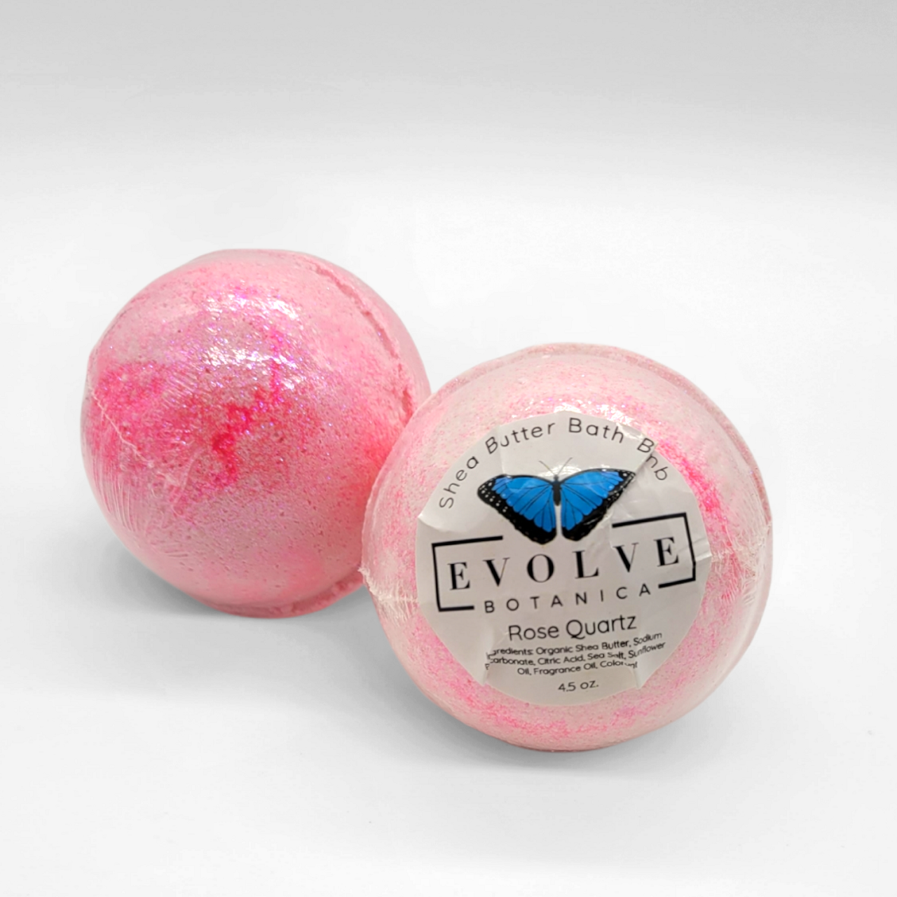 Rose Quartz Bath Bomb from Chakra Collection, glittering with a blend of caramelized spun sugar and vanilla scents.