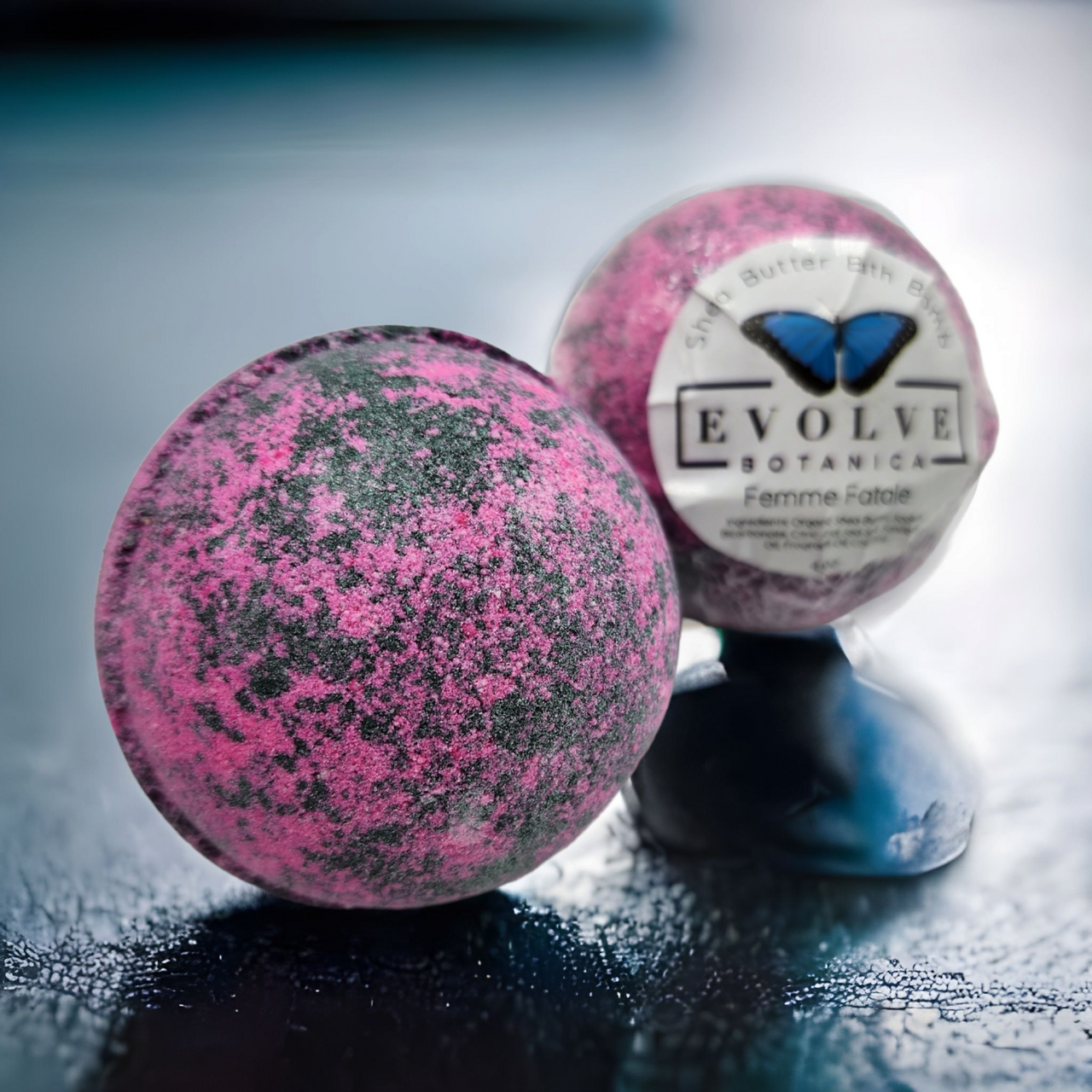 Femme Fatale Bath Bomb with floral and green blend, perfect for Valentine's Day relaxation.