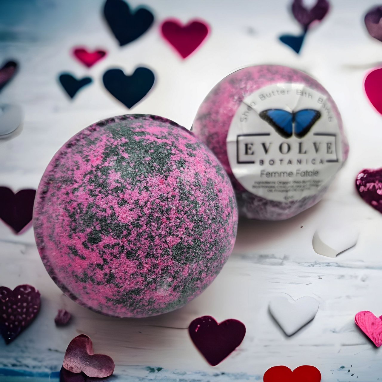 Femme Fatale Bath Bomb with floral and green blend, perfect for Valentine's Day relaxation.