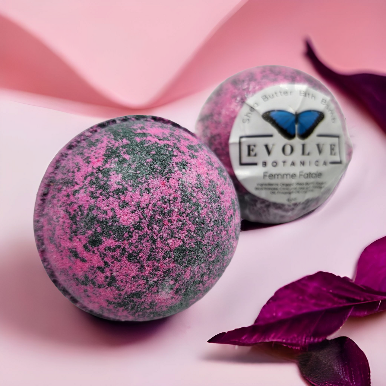 Femme Fatale Bath Bomb with floral and green blend, perfect for Valentine's Day relaxation.