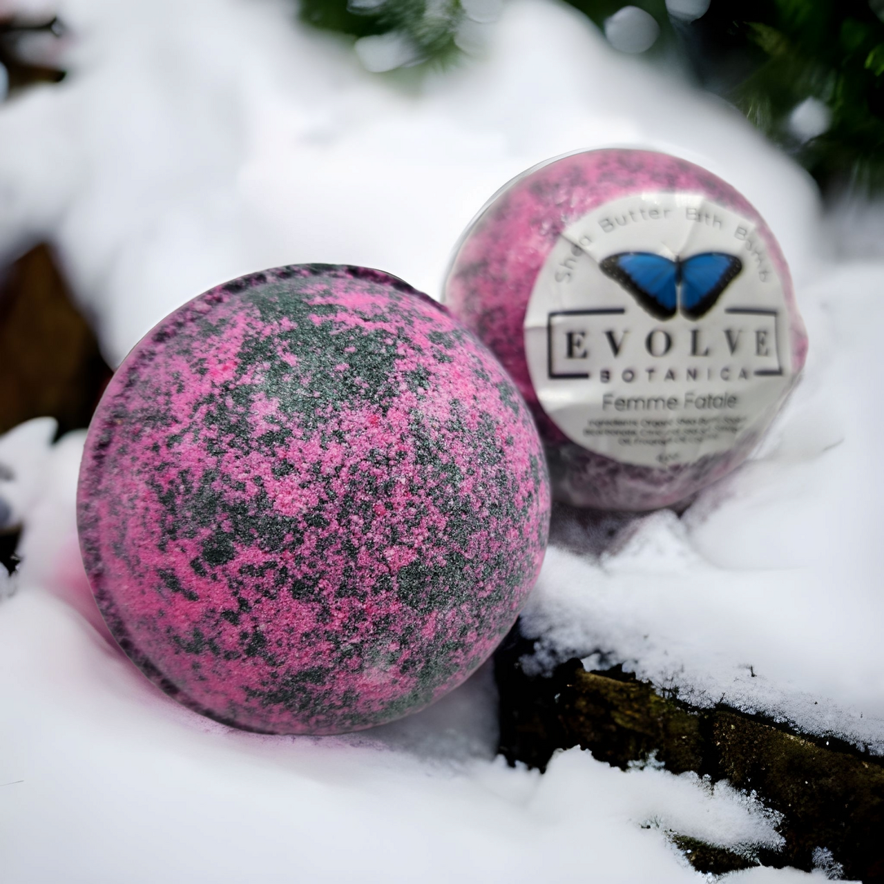 Femme Fatale Bath Bomb with floral and green blend, perfect for Valentine's Day relaxation.