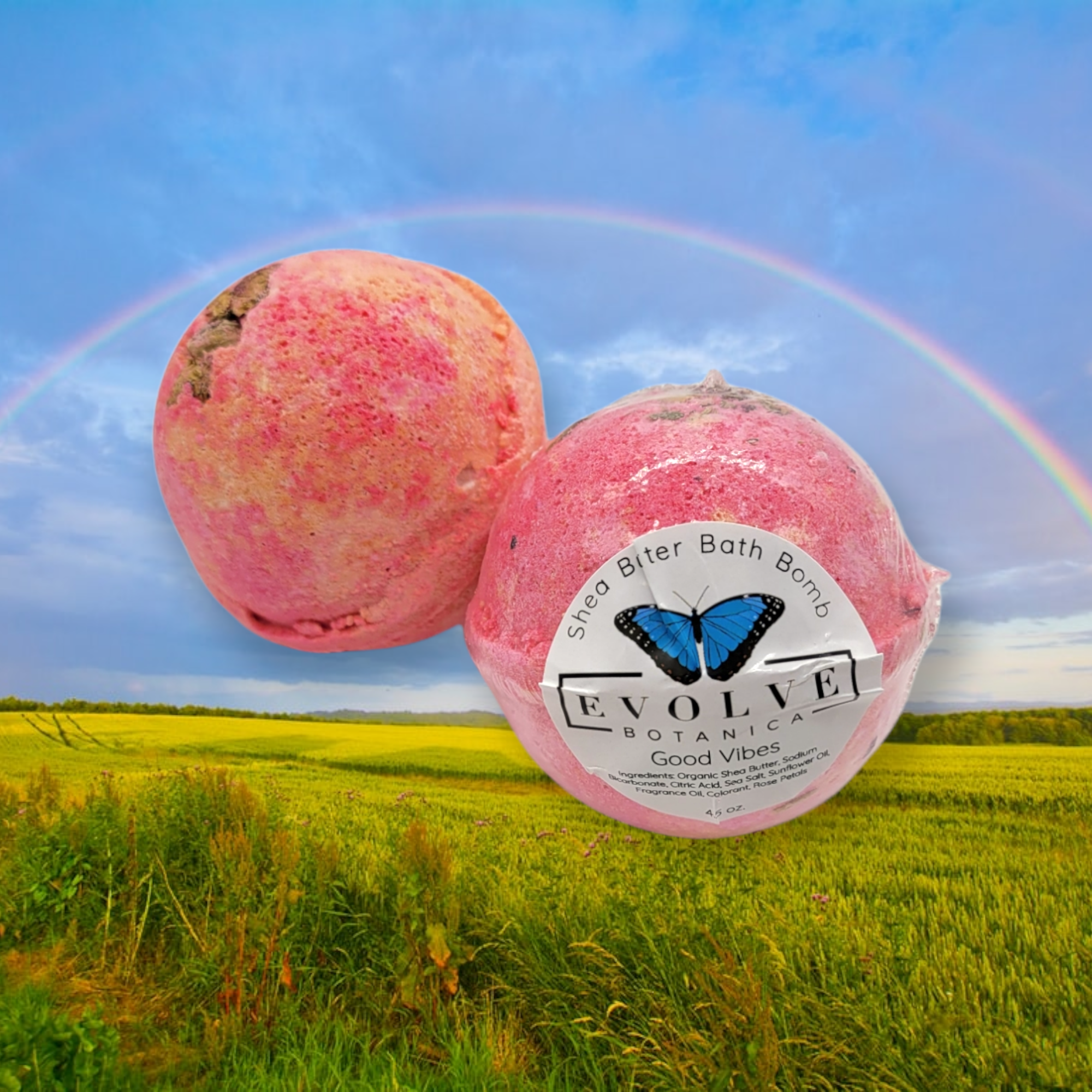 Good Vibes Bath Bomb with vibrant colors and essential oils, designed for a relaxing bath experience.