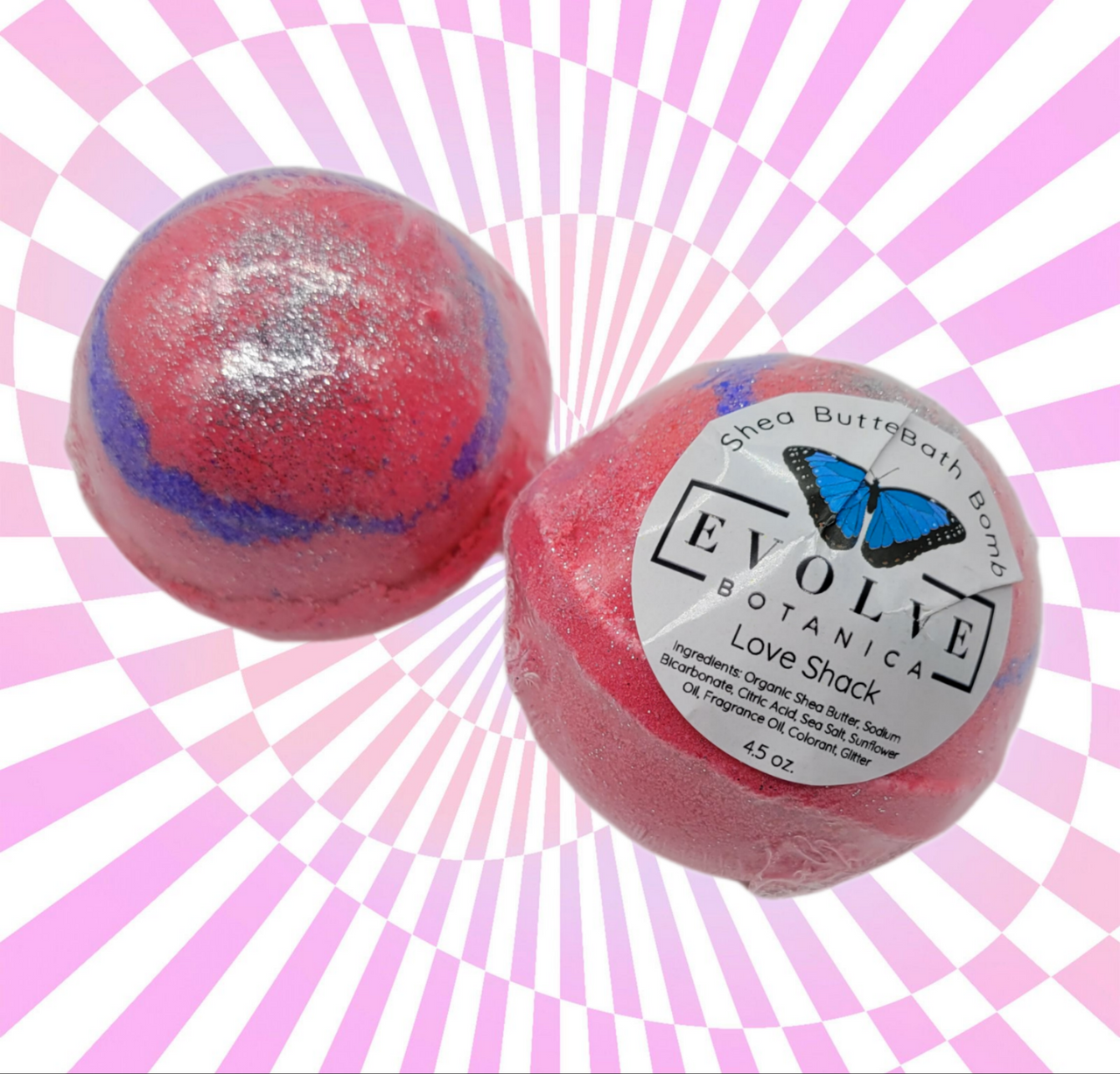 Love Shack Bath Bomb with cranberry and fig scent, featuring sparkling silver holo glitter.