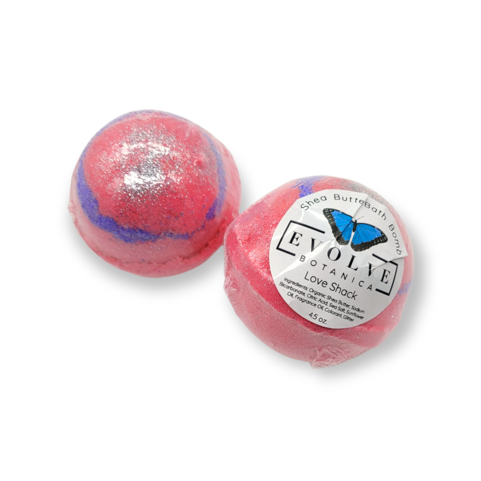 Love Shack Bath Bomb with cranberry and fig scent, featuring sparkling silver holo glitter.