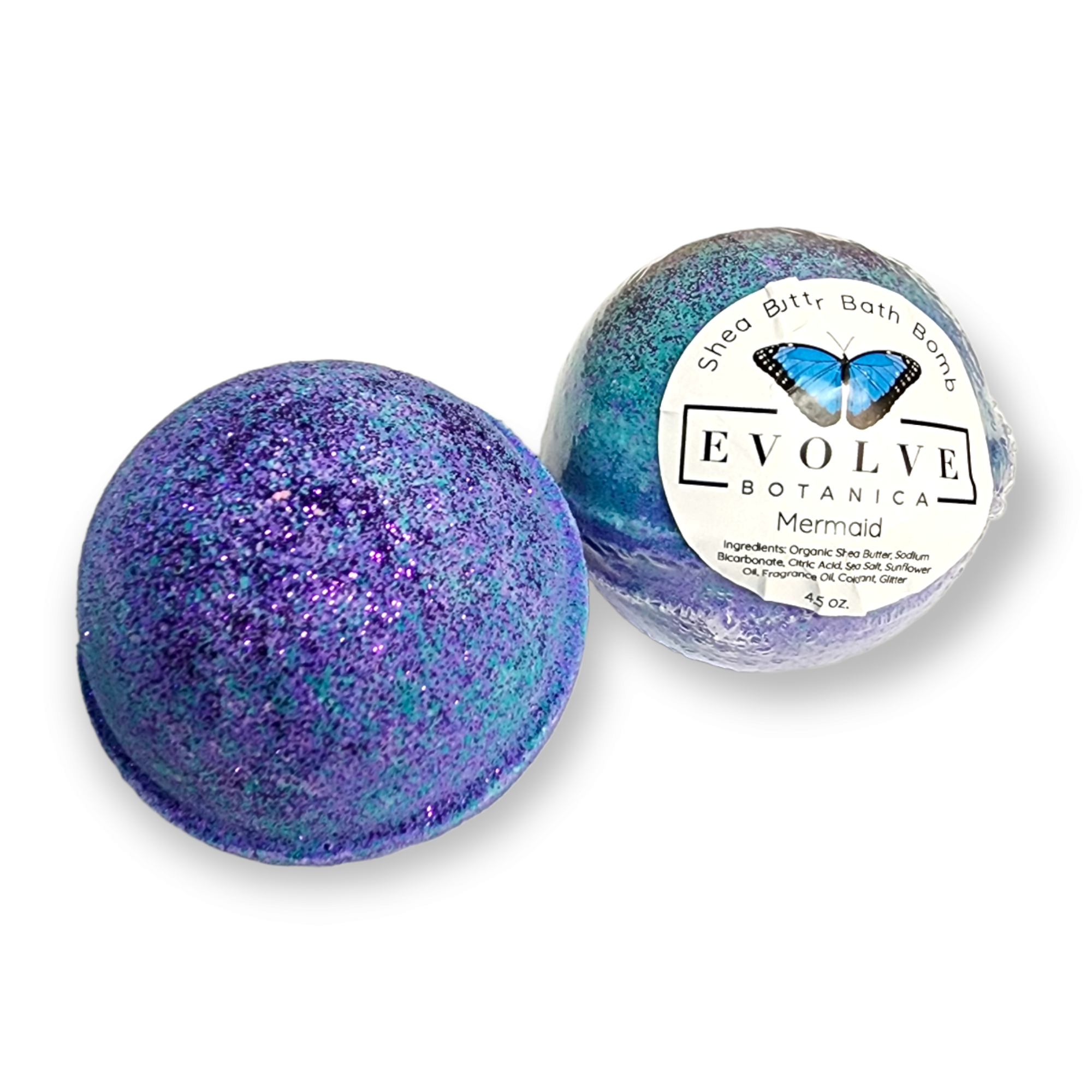 A vibrant Mermaid Bath Bomb with ocean-inspired colors and bio-glitter, perfect for a relaxing bath experience.