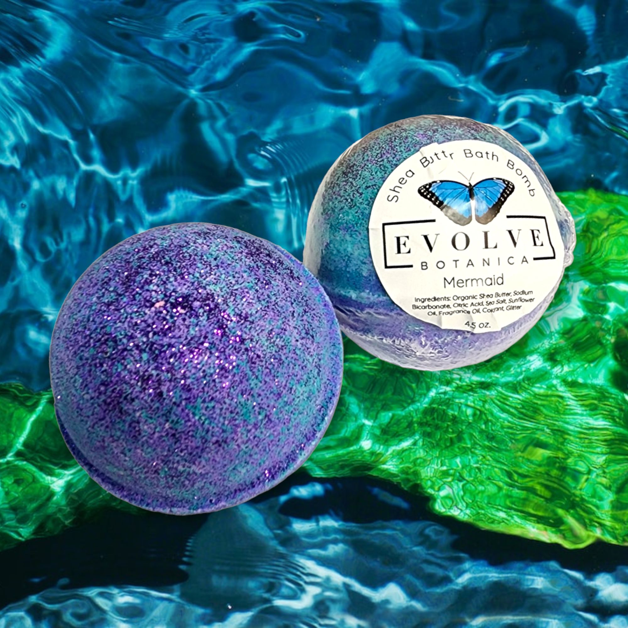 A vibrant Mermaid Bath Bomb with ocean-inspired colors and bio-glitter, perfect for a relaxing bath experience.