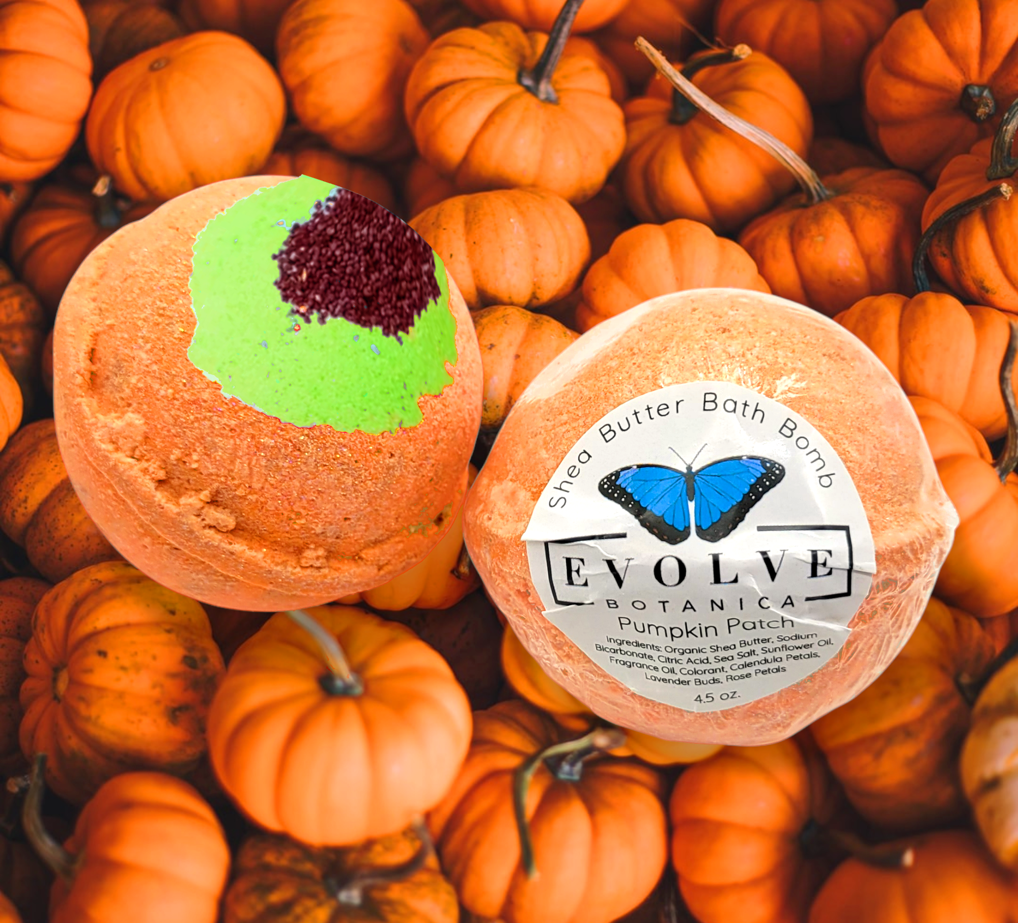 A vibrant Pumpkin Patch Bath Bomb with autumn colors, featuring pumpkin and spice motifs, resting on a wooden surface.