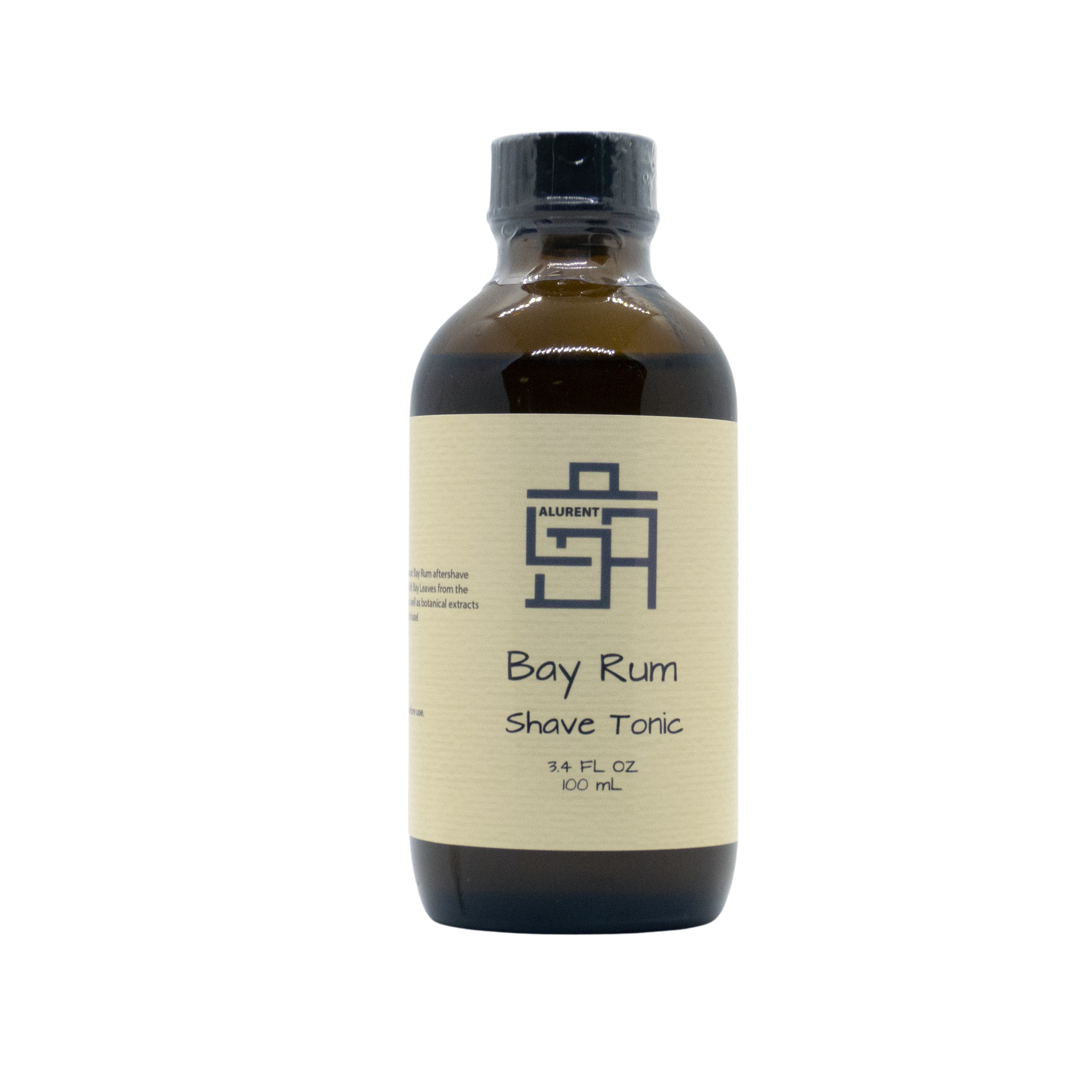 A bottle of Bay Rum aftershave with a sleek design, showcasing its natural ingredients and refreshing scent.