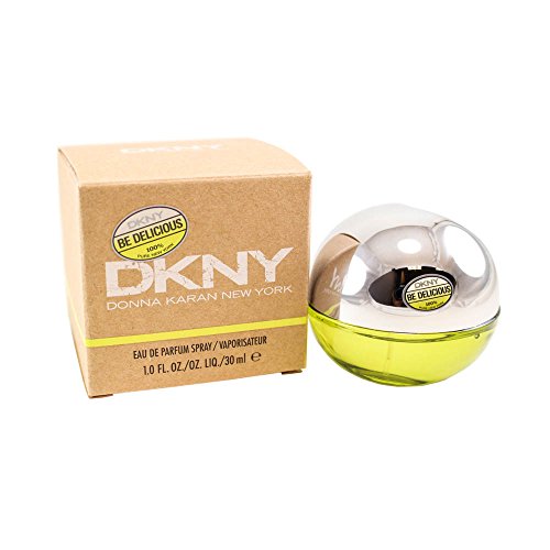 DKNY Be Delicious Eau de Toilette in an apple-shaped bottle, vibrant green color, symbolizing freshness.