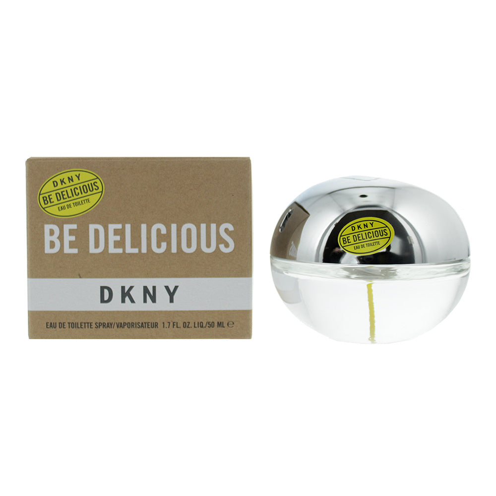 DKNY Be Delicious Eau de Toilette in an apple-shaped bottle, vibrant green color, symbolizing freshness.