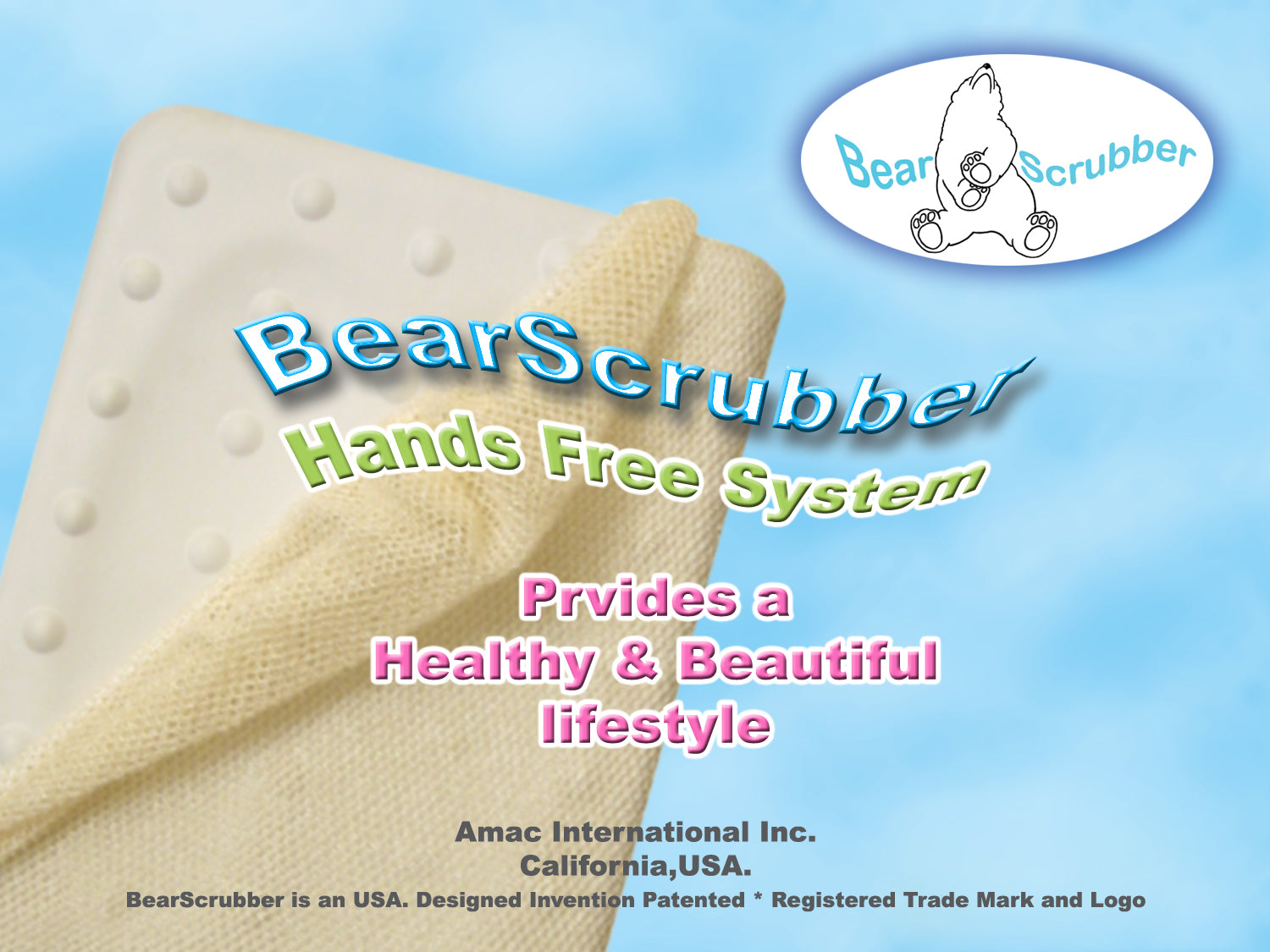 A Bear Scrubber mounted on a smooth shower wall, showcasing its ergonomic design and hands-free functionality.