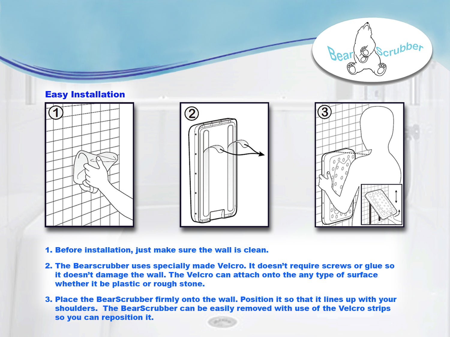 A Bear Scrubber mounted on a smooth shower wall, showcasing its ergonomic design and hands-free functionality.