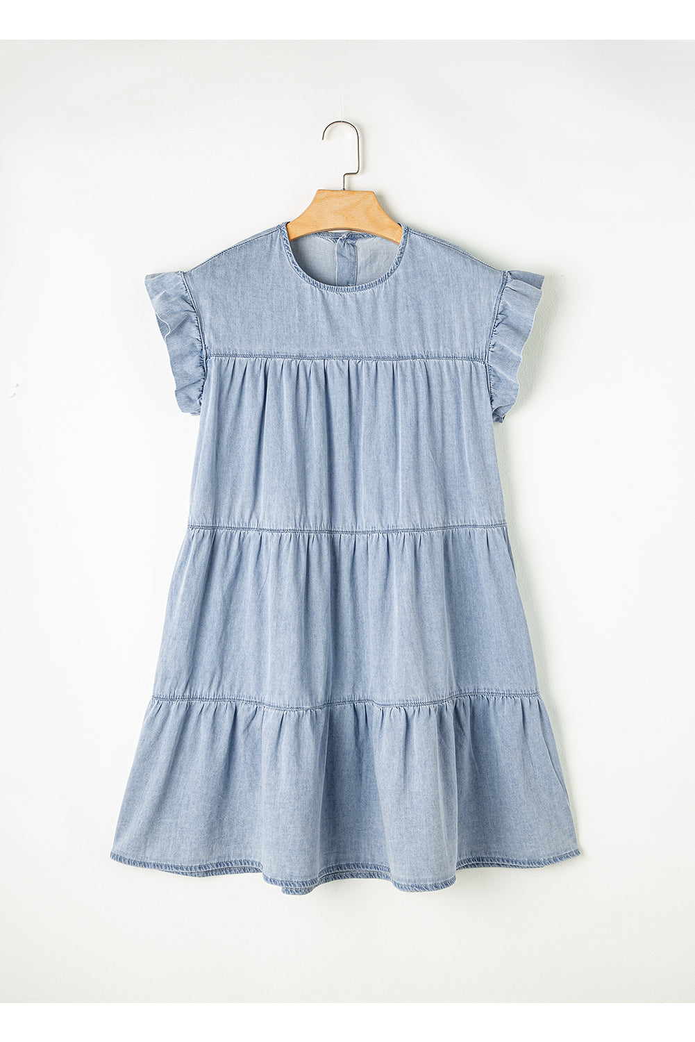 Beau Blue Ruffle Short Sleeve Tiered A-line Denim Dress displayed on a mannequin, showcasing its stylish design and ruffle sleeves.