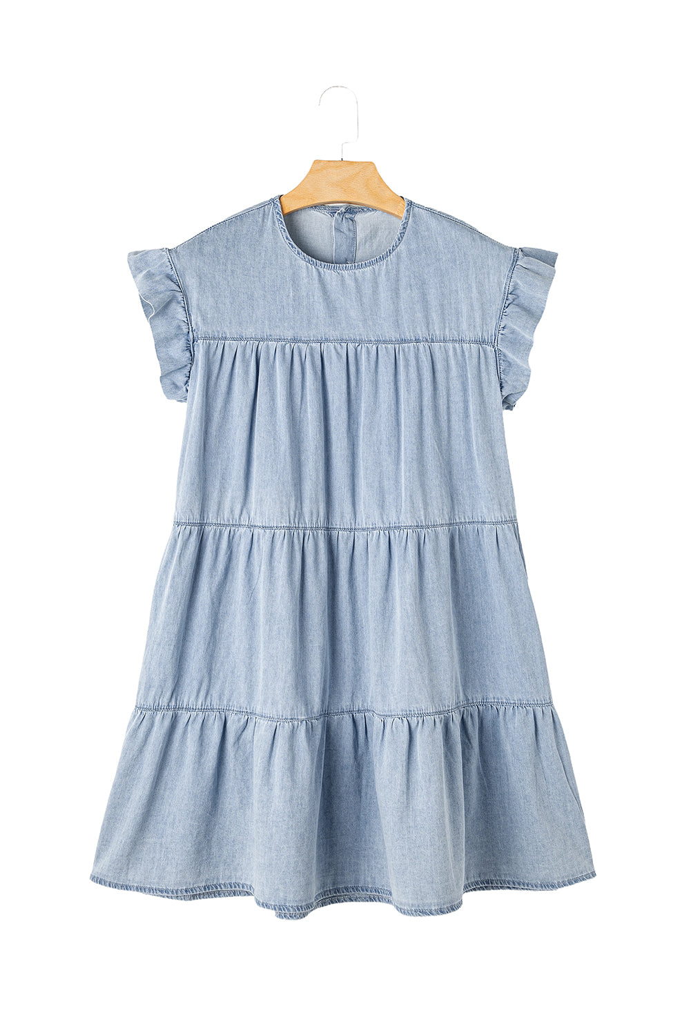 Beau Blue Ruffle Short Sleeve Tiered A-line Denim Dress displayed on a mannequin, showcasing its stylish design and ruffle sleeves.