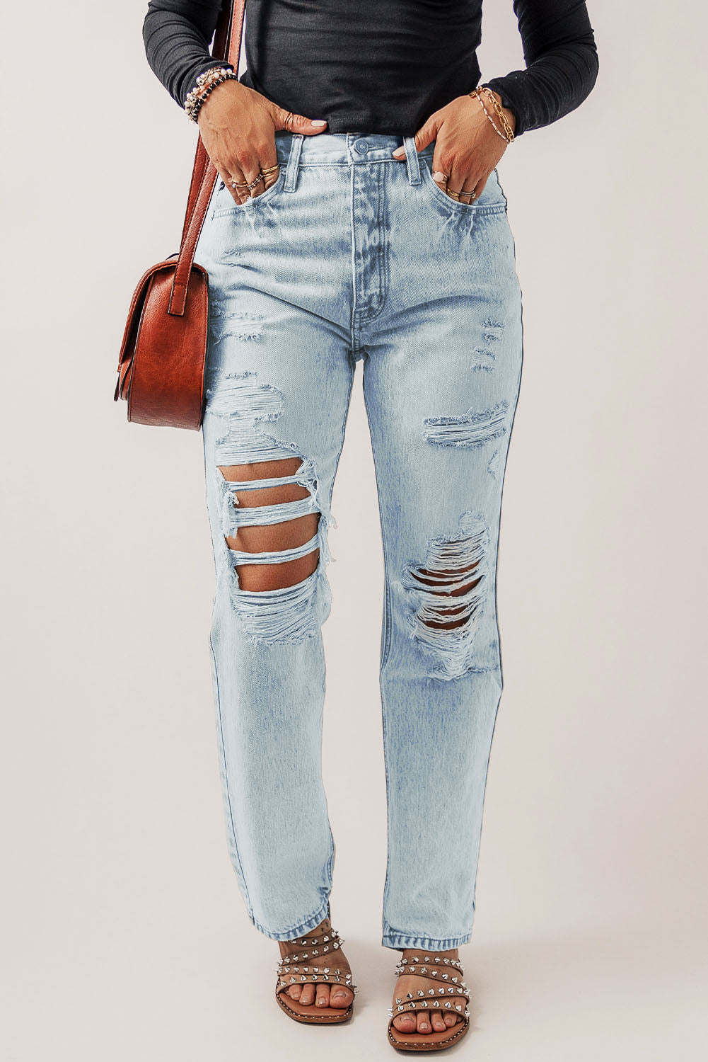 Beau Blue Vintage Acid Wash Distressed Straight Leg Jeans showcasing a unique worn-in look with stylish distressed details.