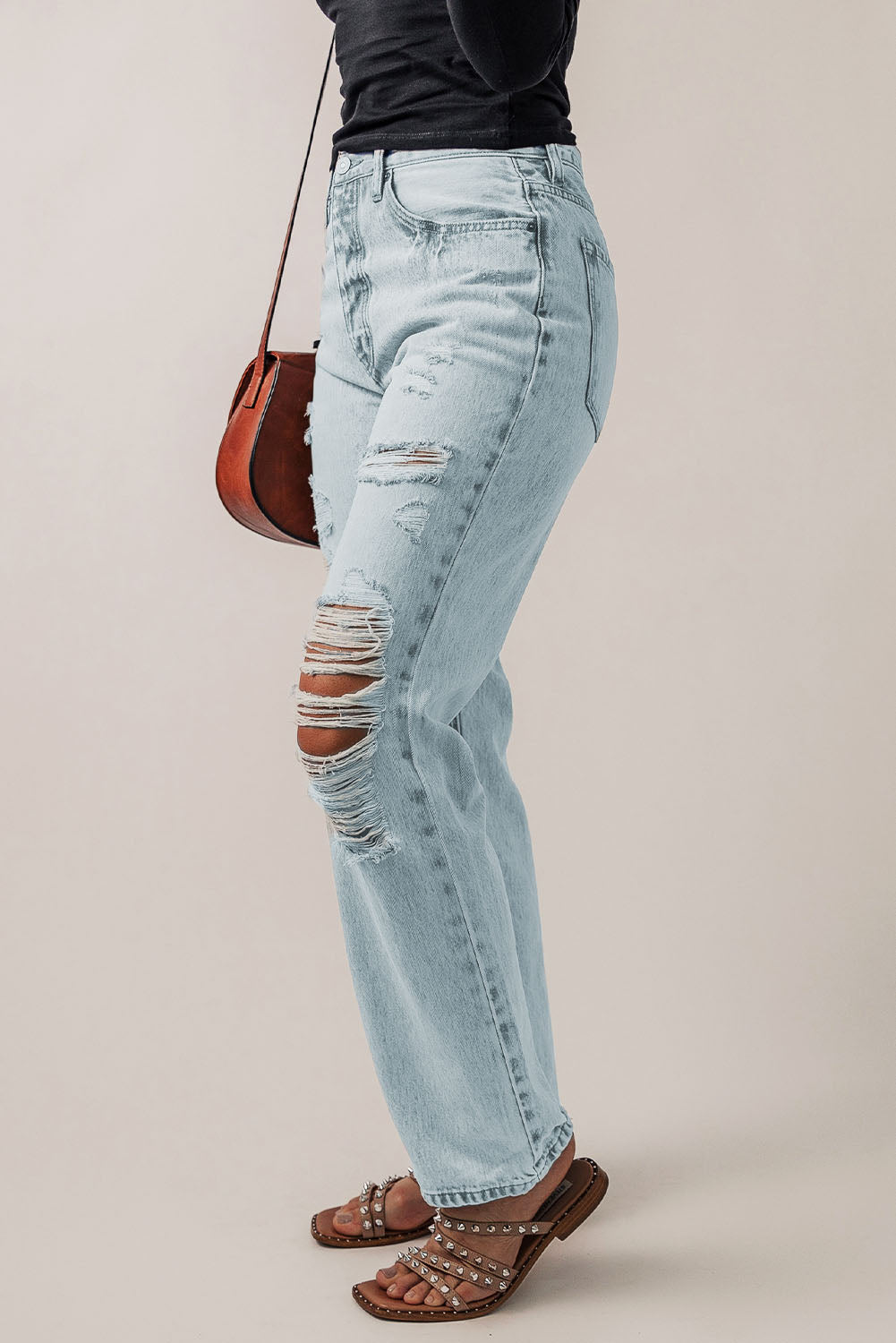 Beau Blue Vintage Acid Wash Distressed Straight Leg Jeans showcasing a unique worn-in look with stylish distressed details.