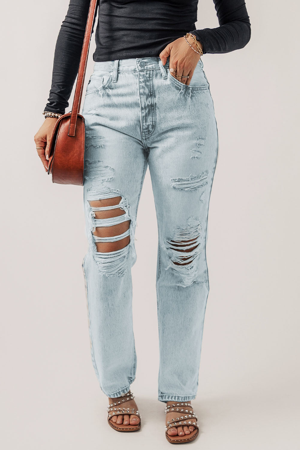 Beau Blue Vintage Acid Wash Distressed Straight Leg Jeans showcasing a unique worn-in look with stylish distressed details.