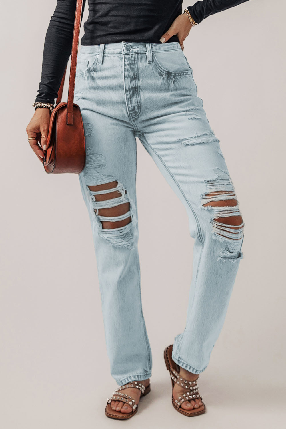 Beau Blue Vintage Acid Wash Distressed Straight Leg Jeans showcasing a unique worn-in look with stylish distressed details.