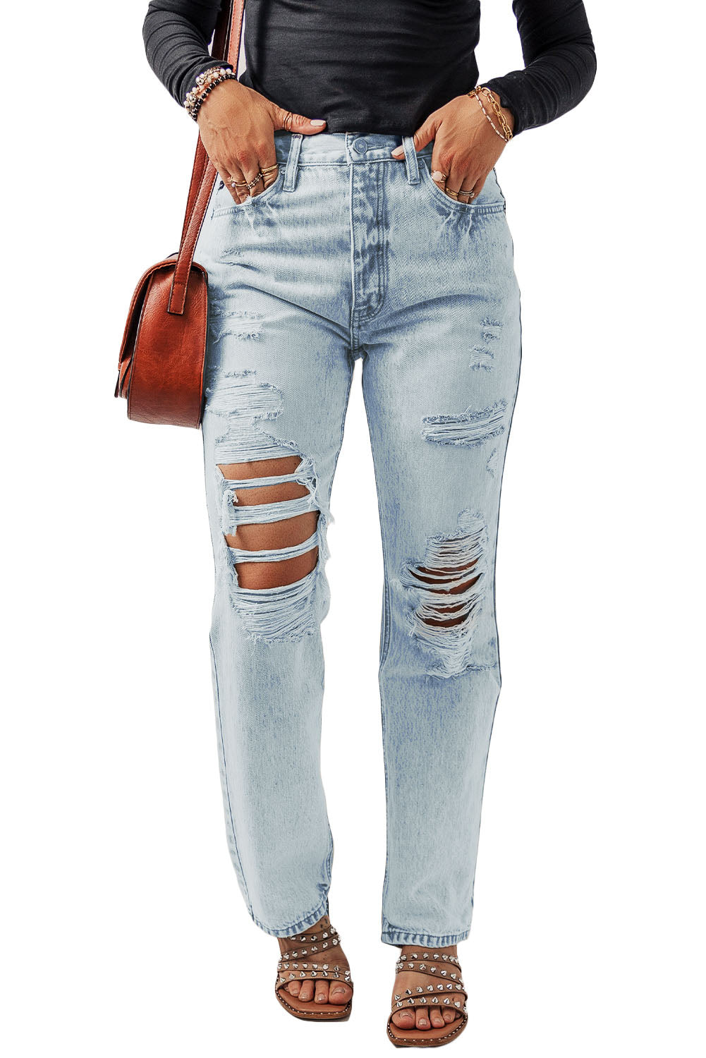 Beau Blue Vintage Acid Wash Distressed Straight Leg Jeans showcasing a unique worn-in look with stylish distressed details.