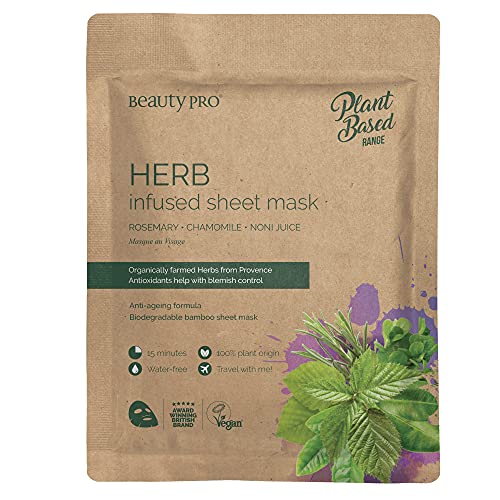 Beauty Pro Herb Infused Sheet Mask displayed on a clean surface, showcasing its vibrant packaging and herbal design.