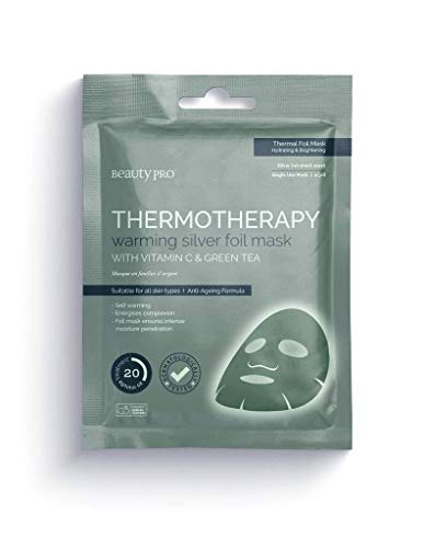 Beauty Pro Thermotherapy Warming Silver Foil Mask displayed on a white background, showcasing its sleek design and packaging.