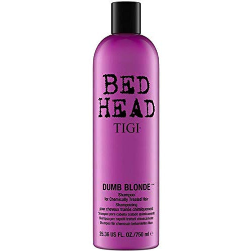 Bottle of Tigi Bed Head Dumb Blonde Shampoo with vibrant packaging, designed for blonde hair care.