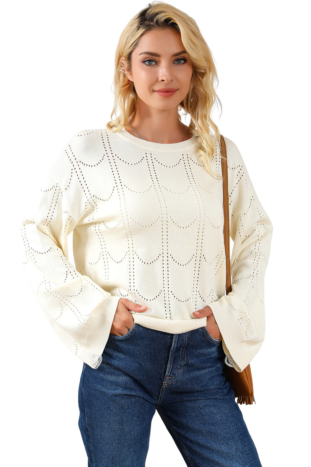 Beige Flare Sleeve Texture Knit Sweater displayed on a mannequin, showcasing its unique flare sleeves and soft knit fabric.