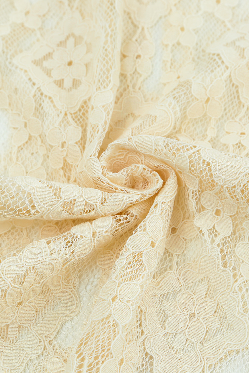 Beige Mock Neck Lace Blouse with intricate lace detailing and long sleeves, perfect for stylish layering.