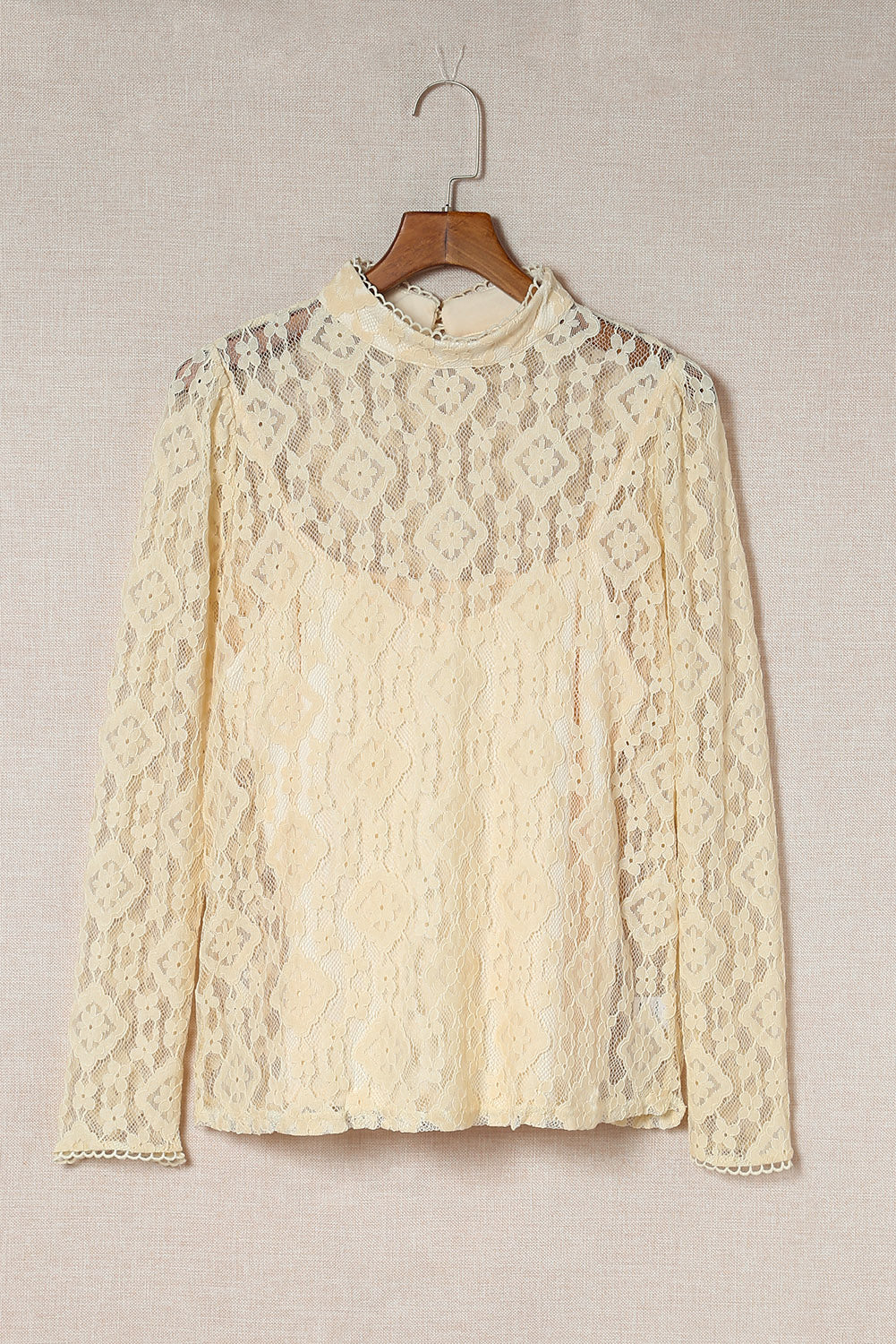 Beige Mock Neck Lace Blouse with intricate lace detailing and long sleeves, perfect for stylish layering.