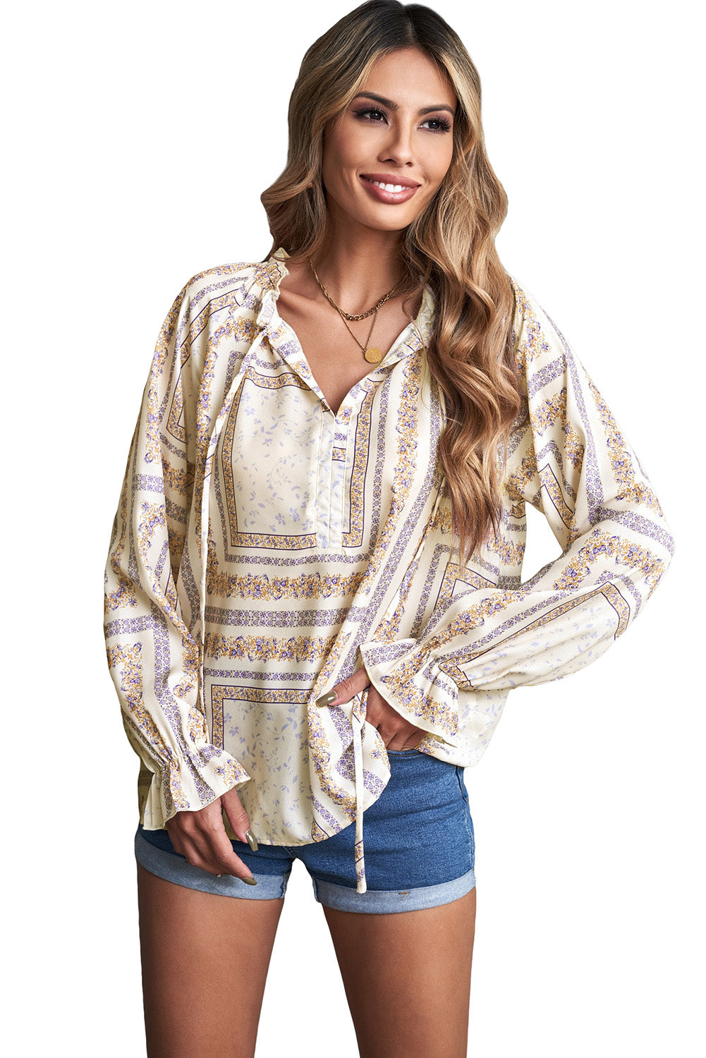 Beige V Neck Lantern Sleeve Drawstring Tribal Print Top featuring unique tribal patterns and elegant lantern sleeves.