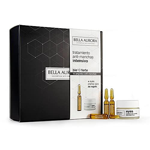 Bella Aurora Bio 10 FORTE Gift Set featuring 15 anti-spots ampoules and a 15ml eye contour cream, elegantly packaged.