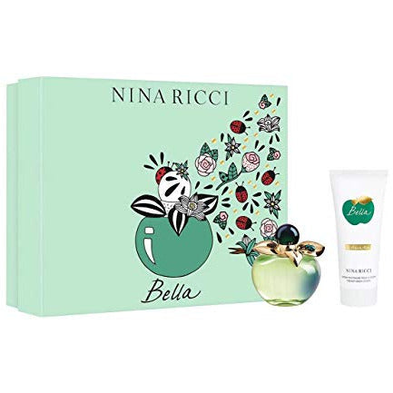 Nina Ricci Bella Gift Set featuring 50ml EDT and 75ml body lotion in elegant packaging.