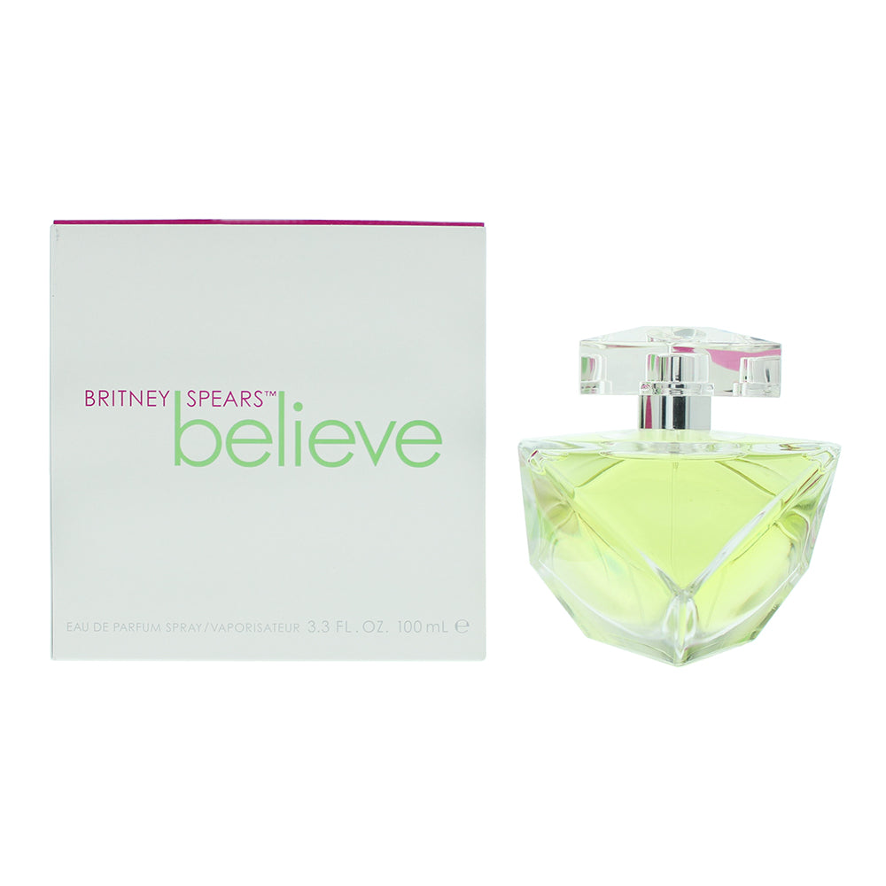 Believe Eau de Parfum by Britney Spears in an elegant bottle, showcasing its floral and fruity essence.