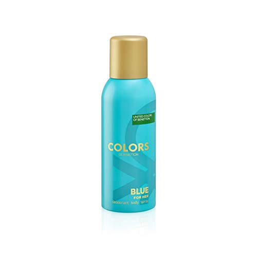 Benetton Colors de Benetton Blue Deodorant Spray can with a vibrant blue design, showcasing its refreshing fragrance.