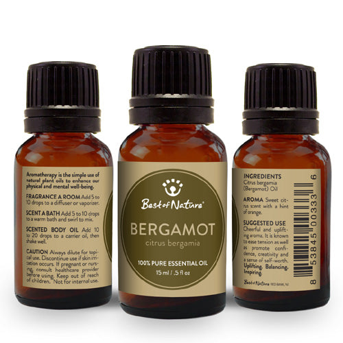 A bottle of 100% pure Bergamot Essential Oil with a citrusy floral scent, surrounded by bergamot fruit and leaves.