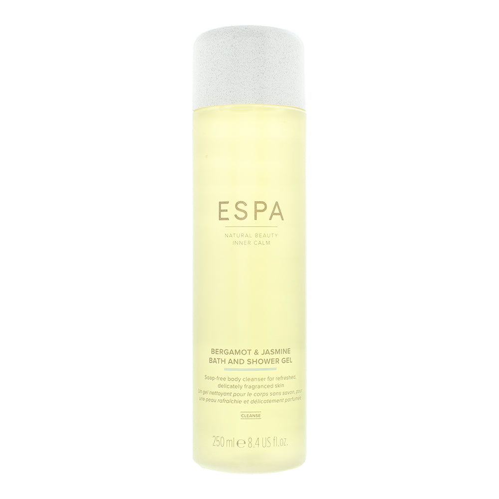 A bottle of Espa Bergamot & Jasmine Bath & Shower Gel with a floral design, showcasing its luxurious and refreshing qualities.