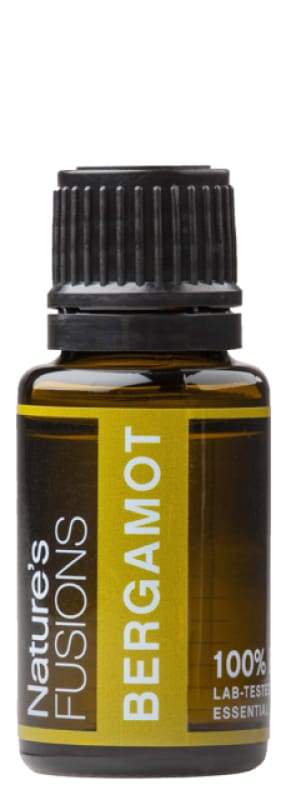 15ml bottle of Bergamot Pure Essential Oil with a citrus fruit background, showcasing its vibrant color and packaging.