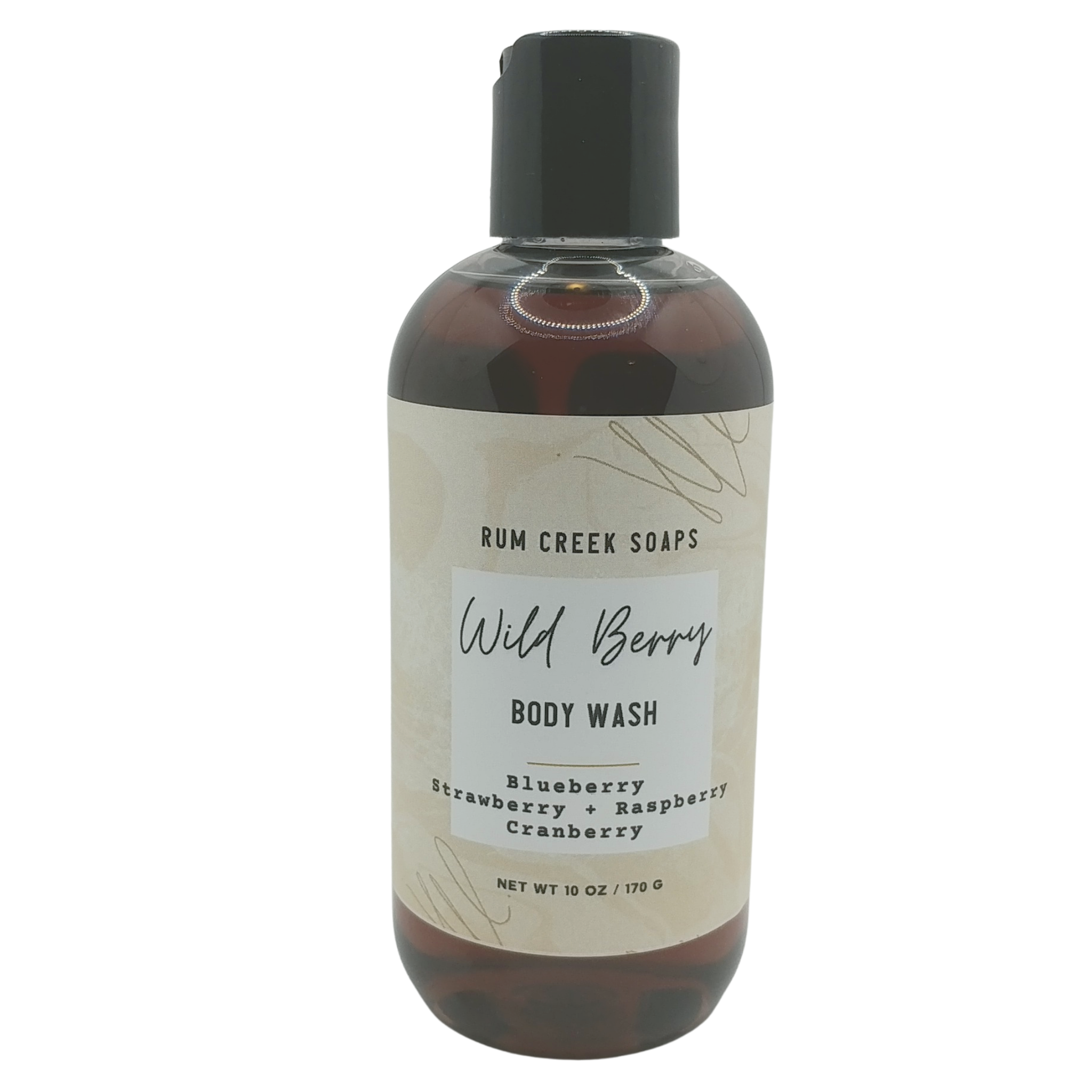 Berry Clean Body Wash in an 8oz bottle with a rich, bubbly lather, showcasing its moisturizing plant-based ingredients.