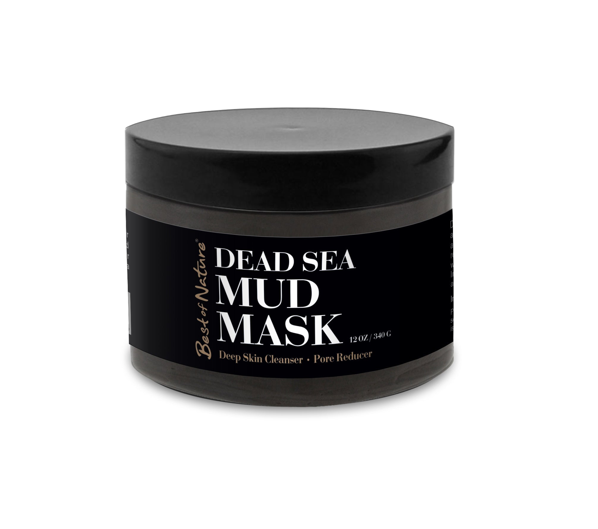 A jar of Best of Nature Dead Sea Mud showcasing its rich, dark texture, ideal for skin rejuvenation and hydration.