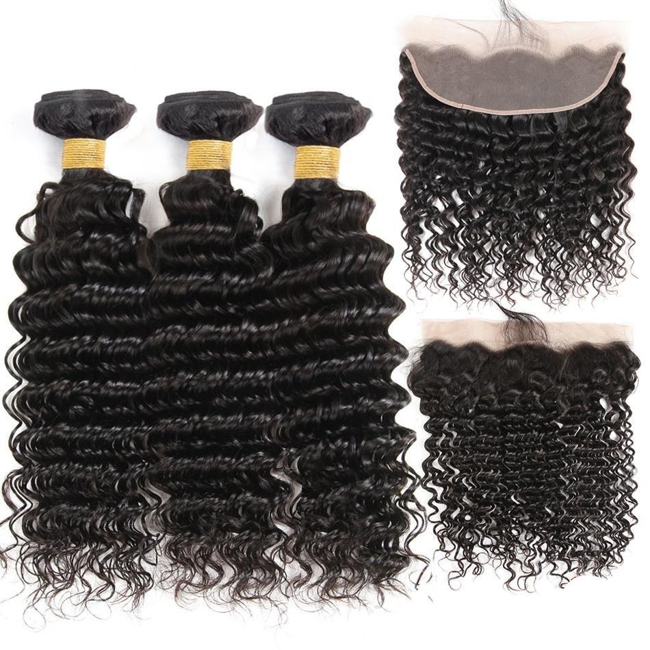 BeuMax 10A Grade 3/4 Deep Wave bundles with 13x4 Frontal displayed elegantly, showcasing the natural wave pattern and quality of the hair.